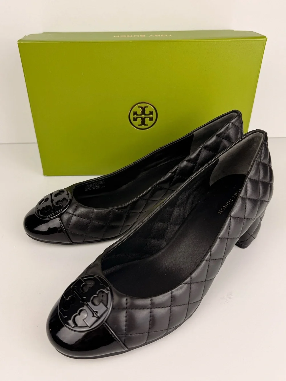 Tory Burch Chelsea 50mm Quilted Pumps Black Leather Patent Cap Toe Block Heels